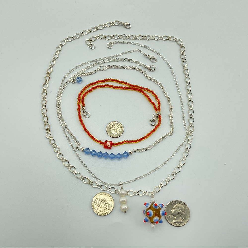 Colorful Layered Necklace Set, Handmade, Pearls, Art Glass Beads, Millefiori - Picture 7 of 8
